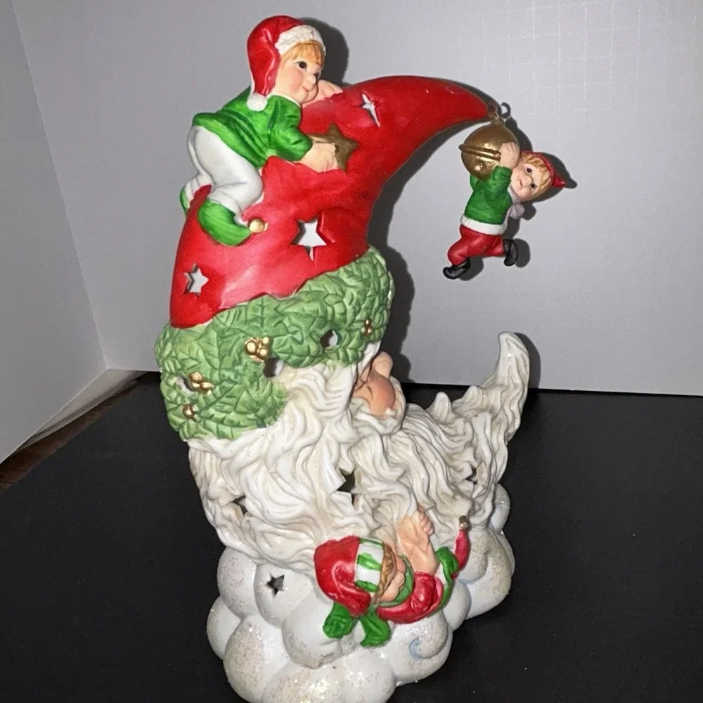 Light Up Ceramic Santa Moon Face With Elves‎ Christmas Decor Star Cutout